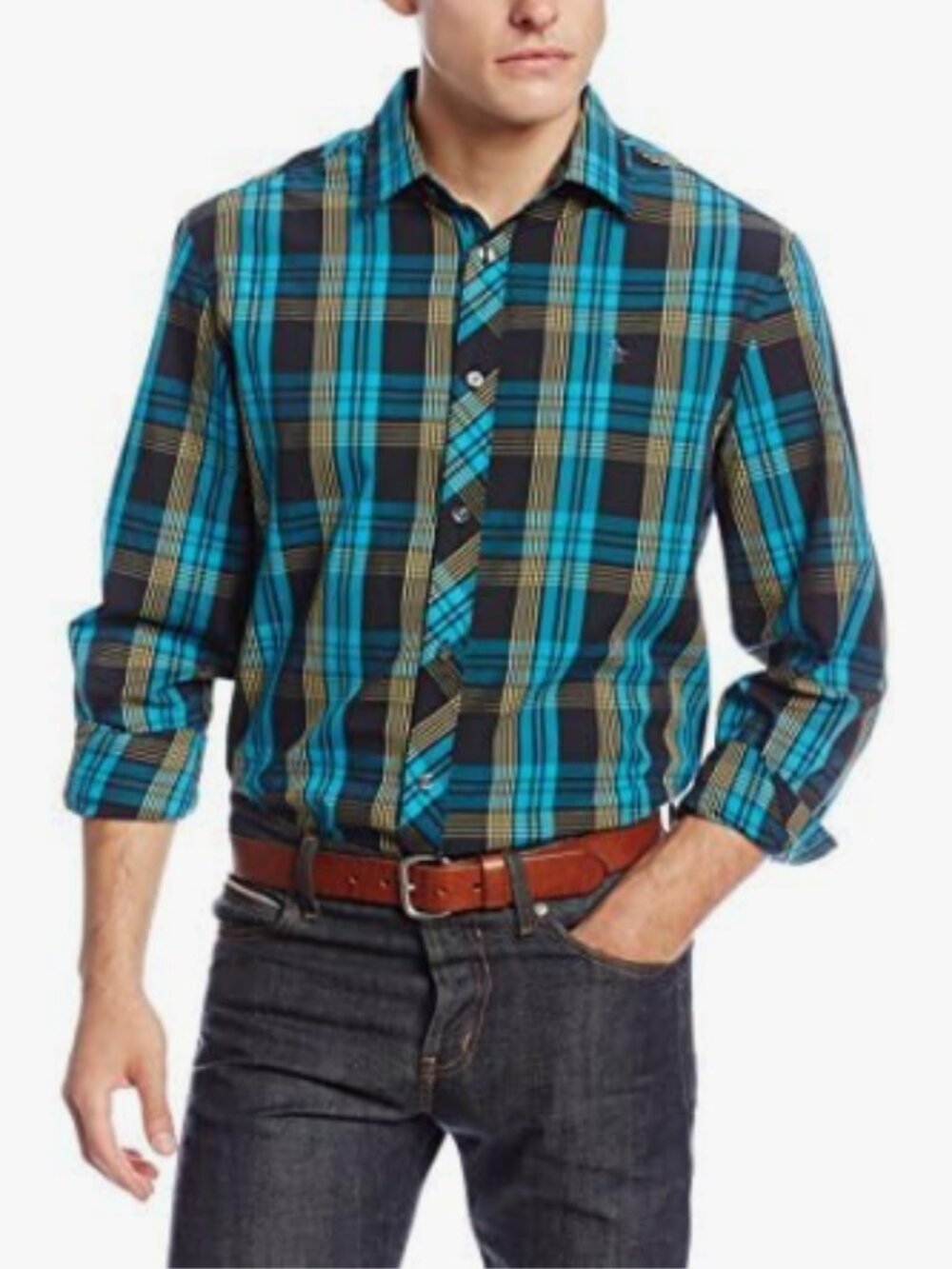 NEW Original Penguin Men's Plaid Long-Sleeve True Black/Blue Shirt, XL